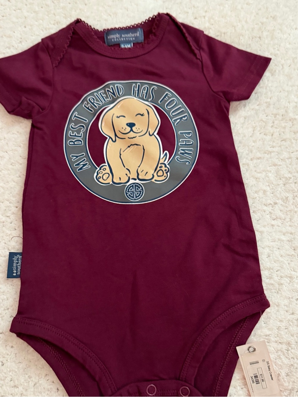 Simply Southern “ My Best Friend Has Four Paws” one piece size 0-6 mo cute dog
